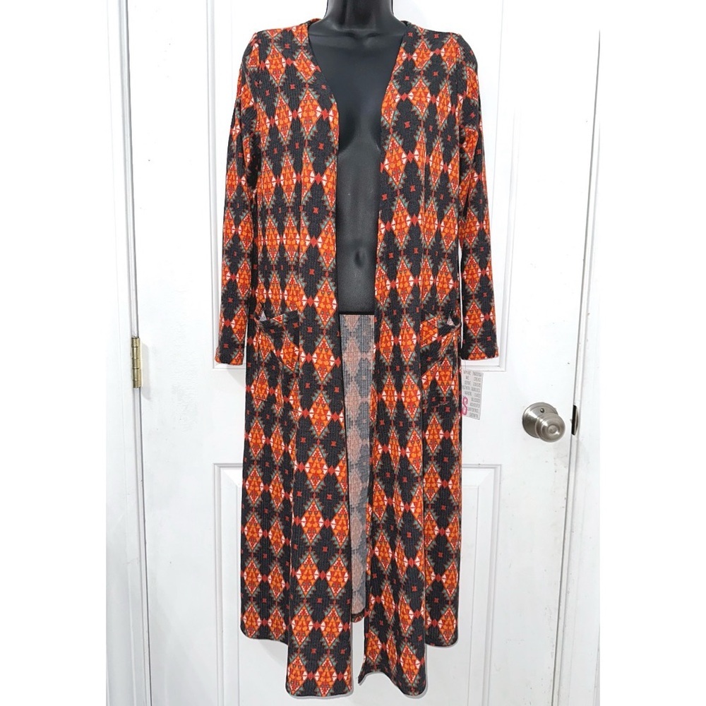 LuLaRoe Sarah duster cardigan in a multicolored geometric print with pockets